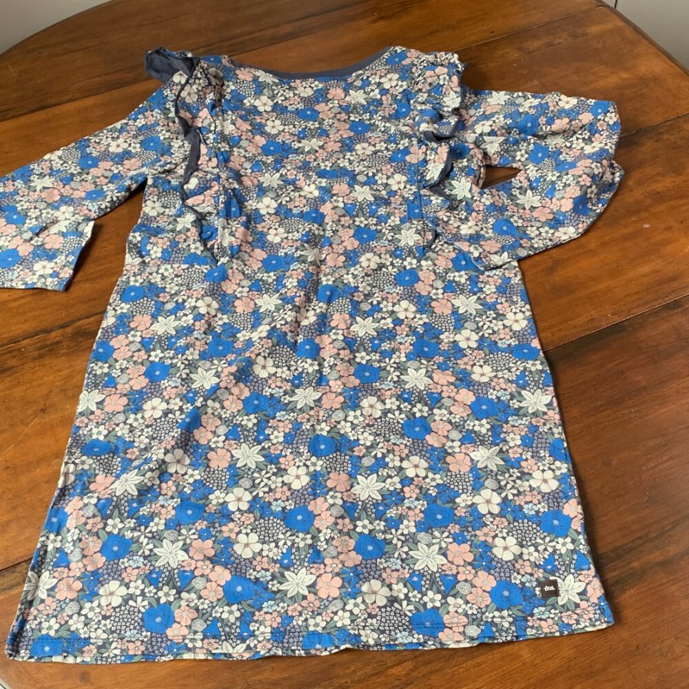 Tea Collection Floral Blue Girl Cotton Long Sleeve Ruffle Shoulder Dress Size 16